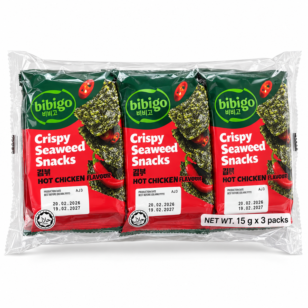 Bibigo Crispy Seaweed Snacks Hot Chicken 3 x 5g pack