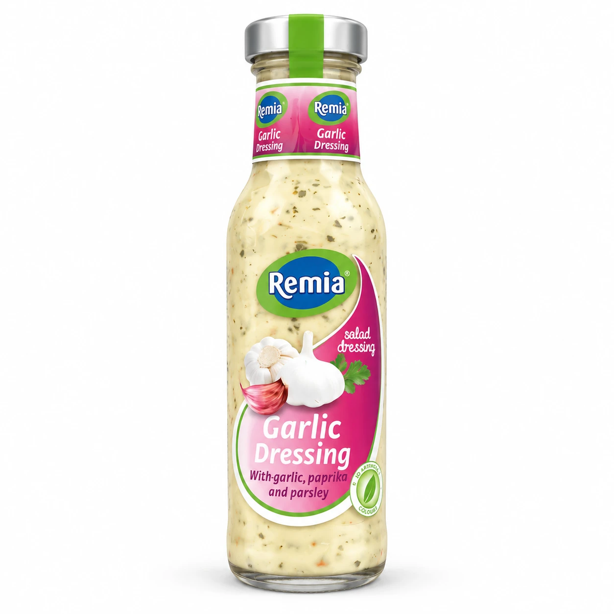 Remia Garlic Salad Dressing with garlic paprika and parsley glass bottle