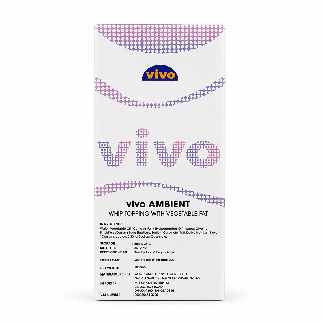 Vivo Ambient Whip topping with vegetable fat
