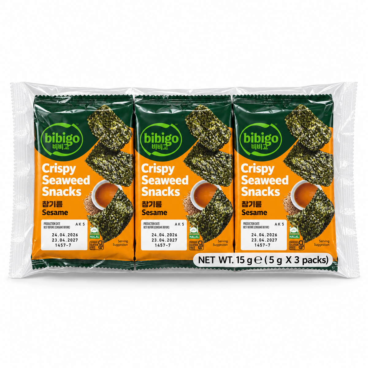 Bibigo Crispy Seaweed Snacks Sesame 3 x 5g pack