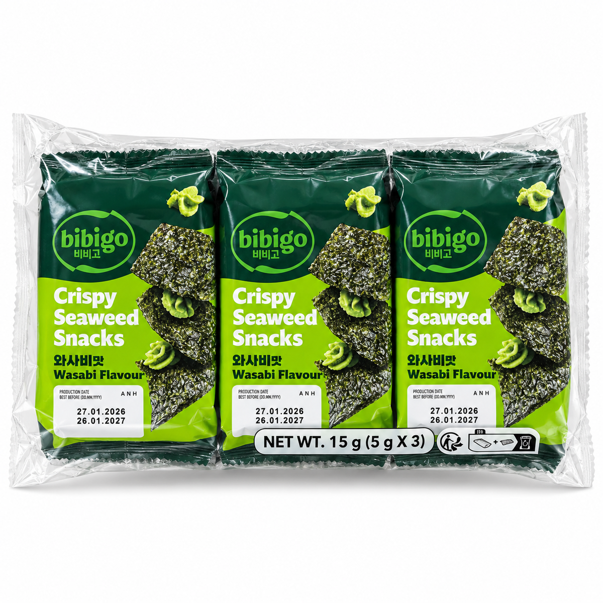 Bibigo Crispy Seaweed Snacks Wasabi 3 x 5g pack