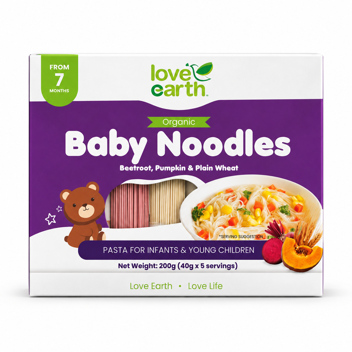 Love Earth Organic Baby Noodles Beetroot, Pumpkin & Plain Wheat 200 g