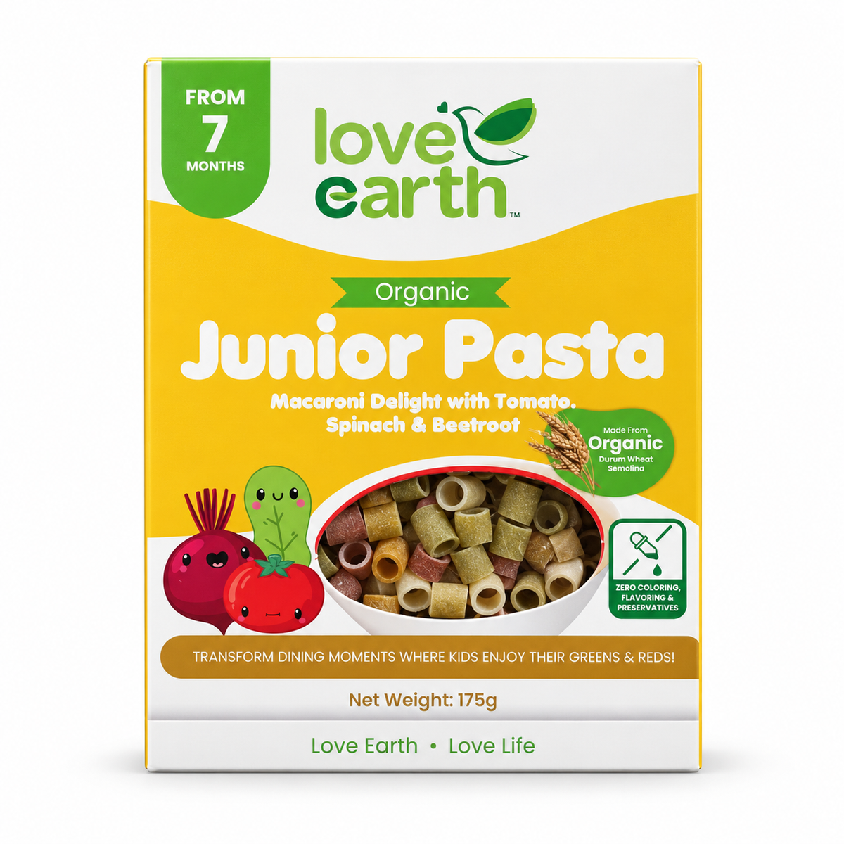 Love Earth Organic Junior Pasta Macaroni with Tomato, Spinach & Beetroot 175 g
