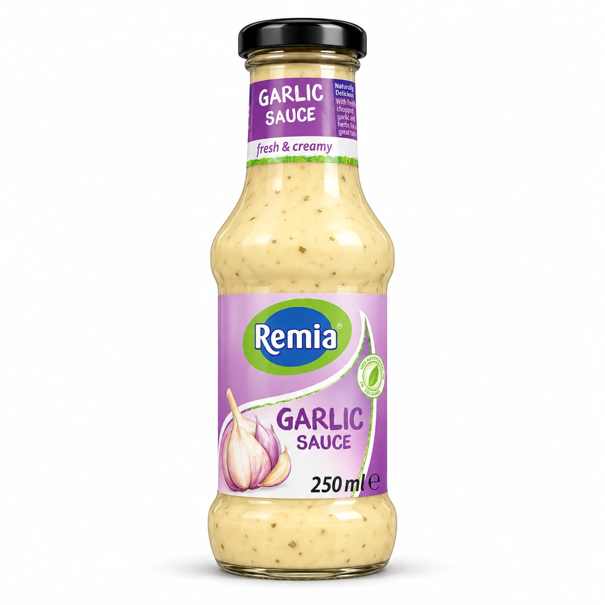 Remia Garlic Sauce 250ml creamy garlic herb sauce glass bottle